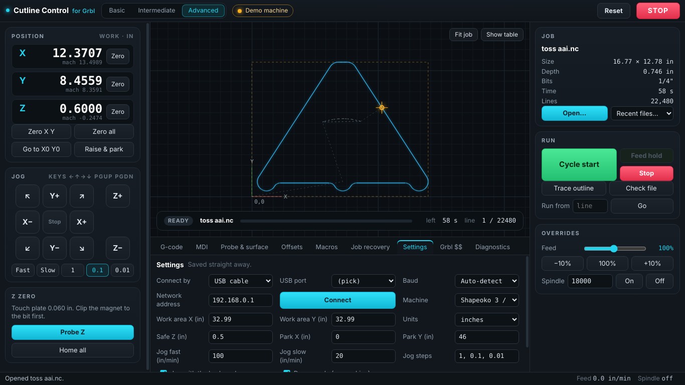 Cutline Control in Advanced mode: position readouts, jog pad, touch-plate probing, toolpath preview, run controls and feed override