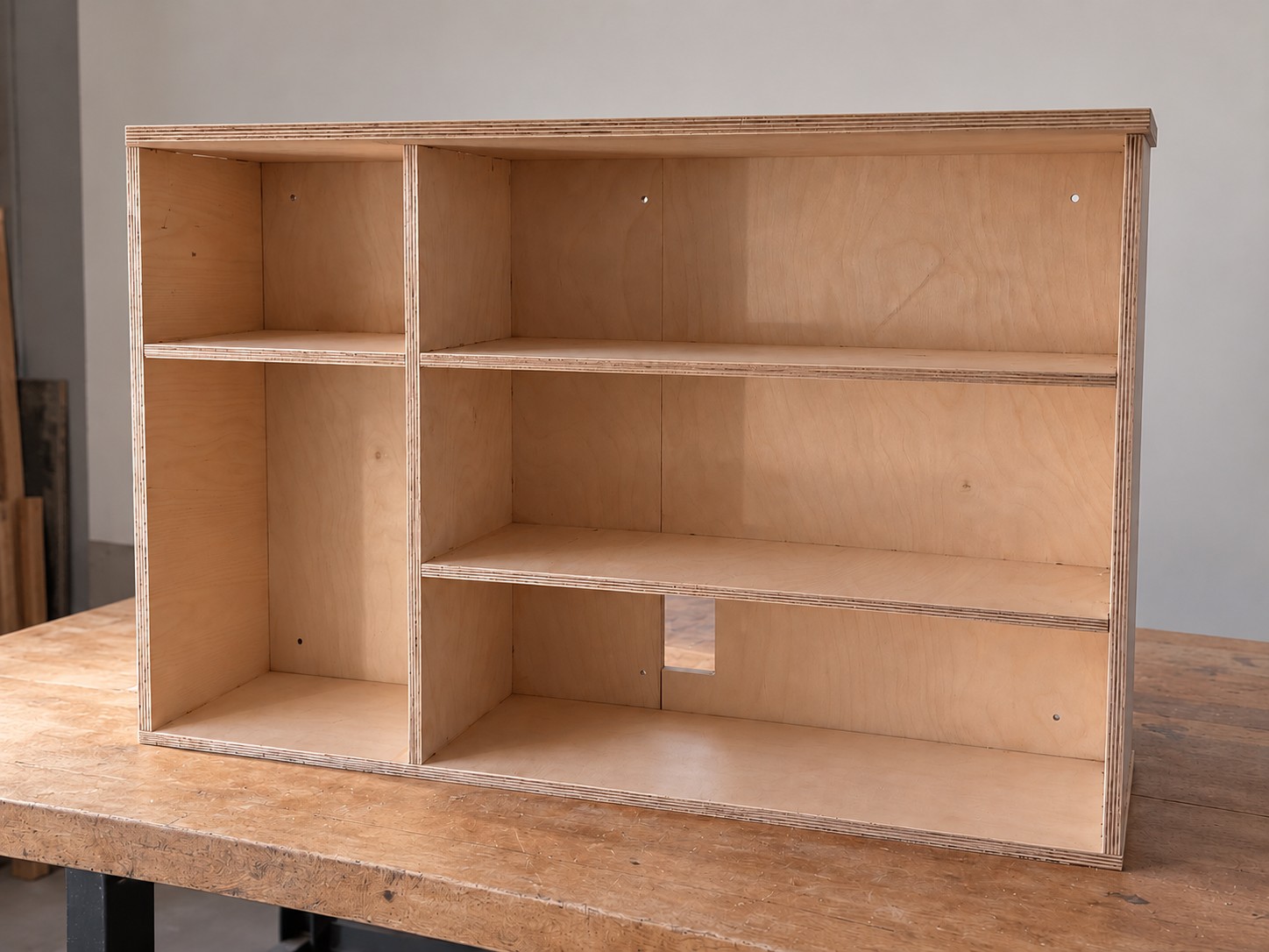 The finished plywood cupboard with a divider and three shelves, cut on a CNC router from Cutline Studio's plans