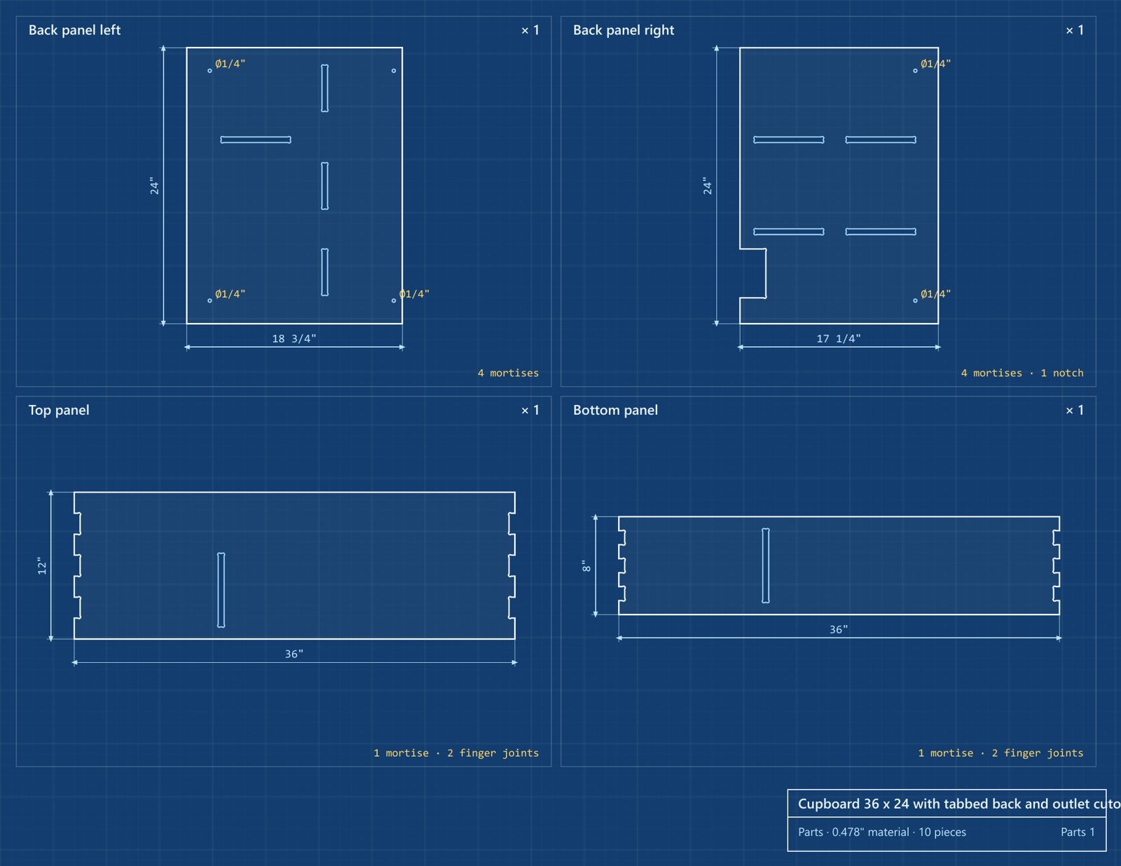 Cupboard plans page with dimensioned drawings of the back panels, top and bottom