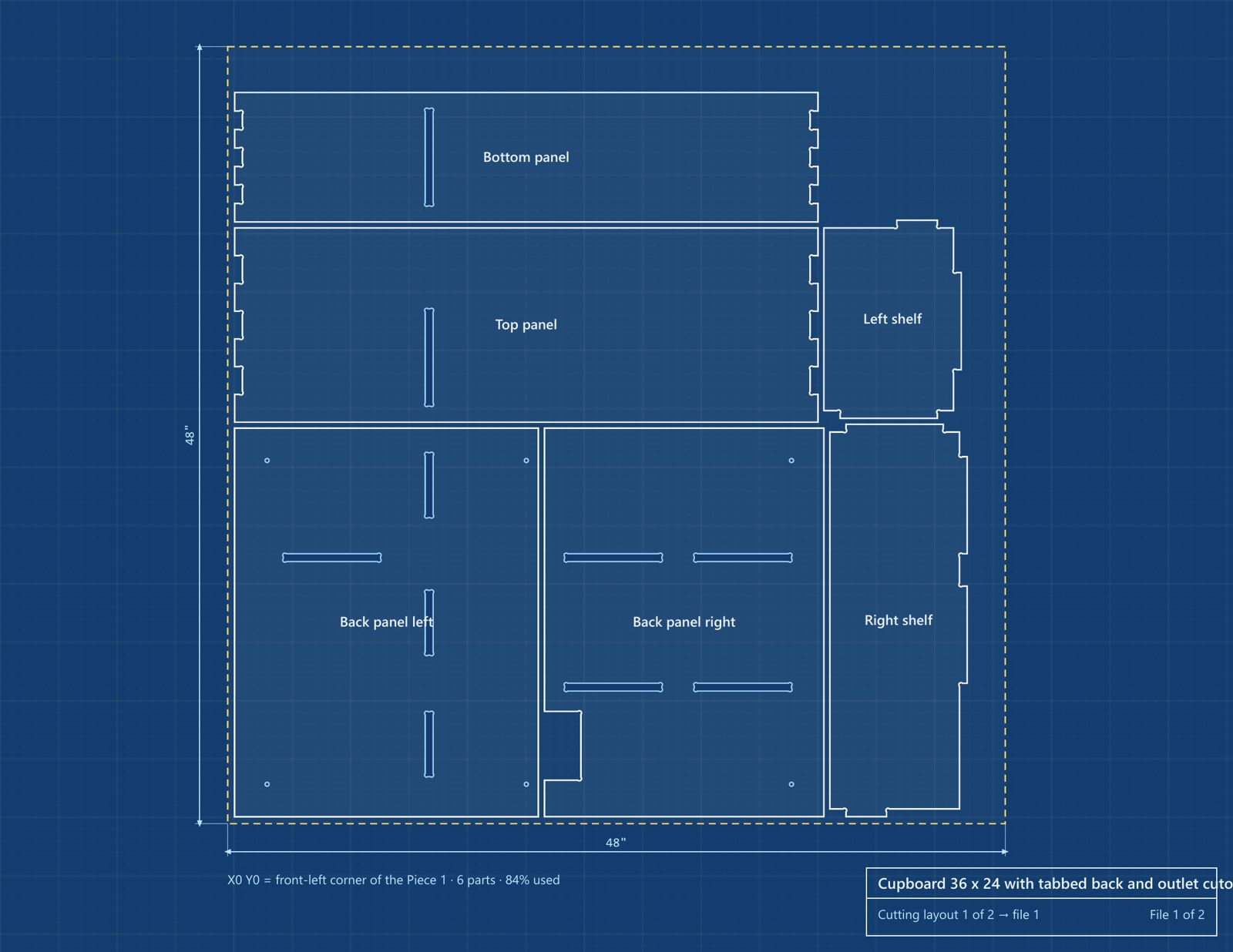 Cupboard plans page showing six parts nested on the first 48 by 48 inch sheet
