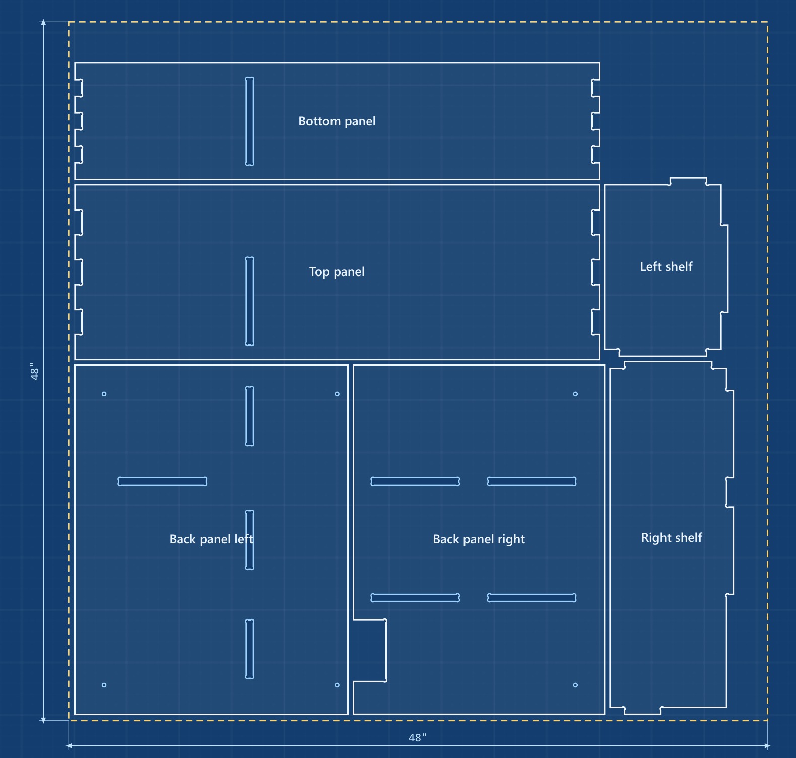 Cutline Studio's cut sheet for the cupboard: parts nested on a 48 by 48 inch sheet