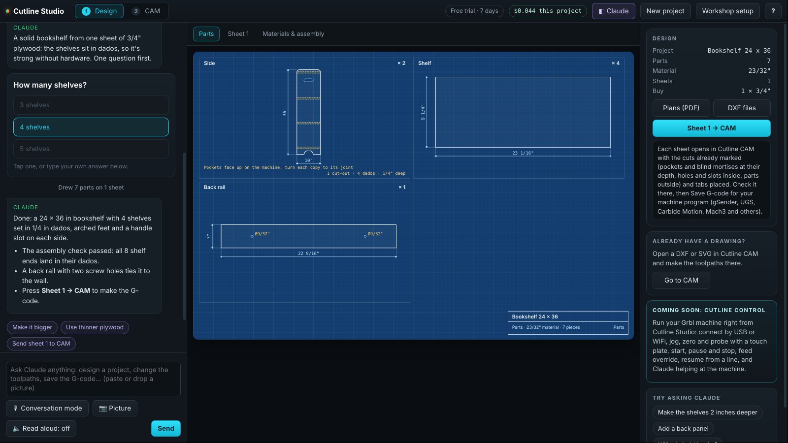 Cutline Studio's Design screen: the chat with Claude on the left and a dimensioned parts drawing on the right
